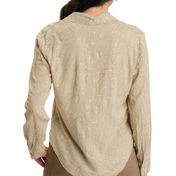XCVI Seraphina Button Up Blouse Sand Lime Sequins Size S NWT Fall Style Elevated - Picture 2 of 12